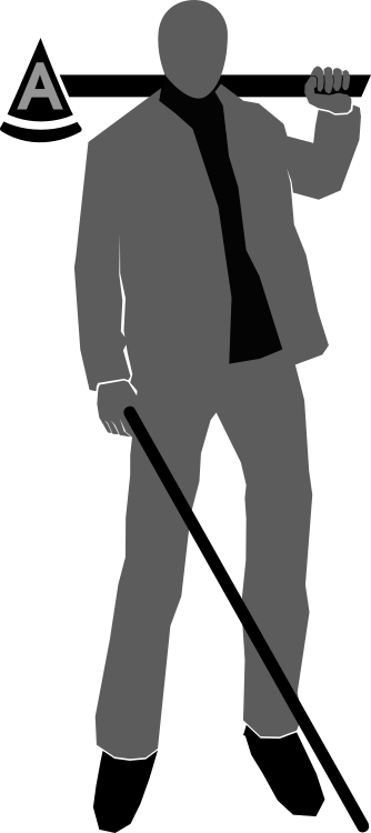 logo Axessibility grande: una figura umana che tiene l'ascia di axessibility in una mano ed il bastone bianco per non vedenti nell'altra